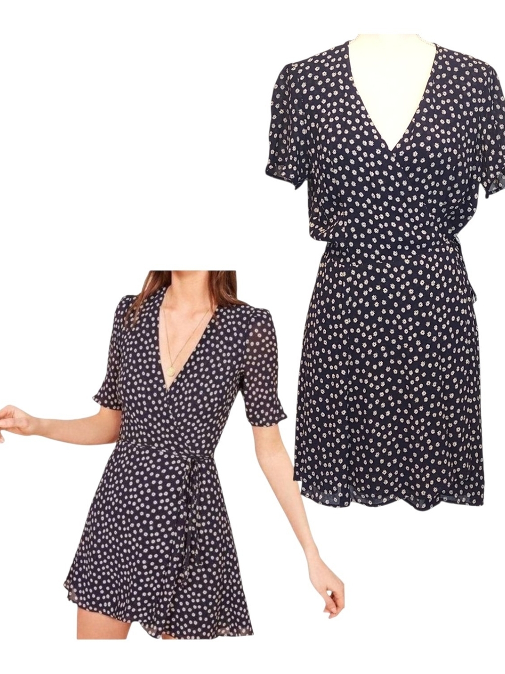 Reformation Lucky Wrap Deep V- Neck Flores Navy White Daisies Mini Dress Size XL